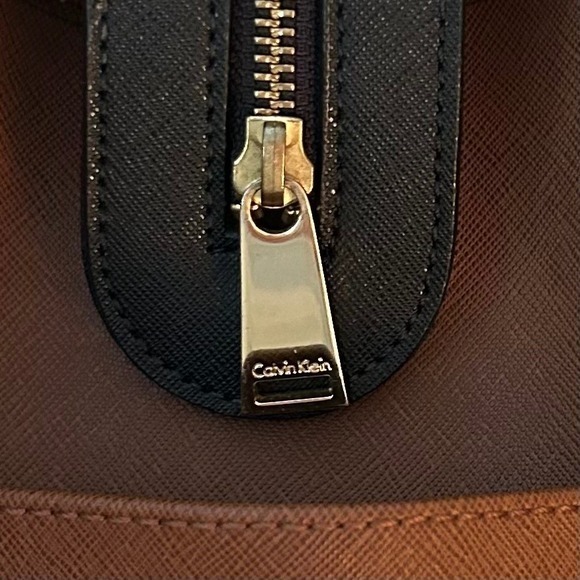 Calvin Klein Satchel Handbag Brown Black Tan Colorblock Purse Top Handles - Picture 15 of 16